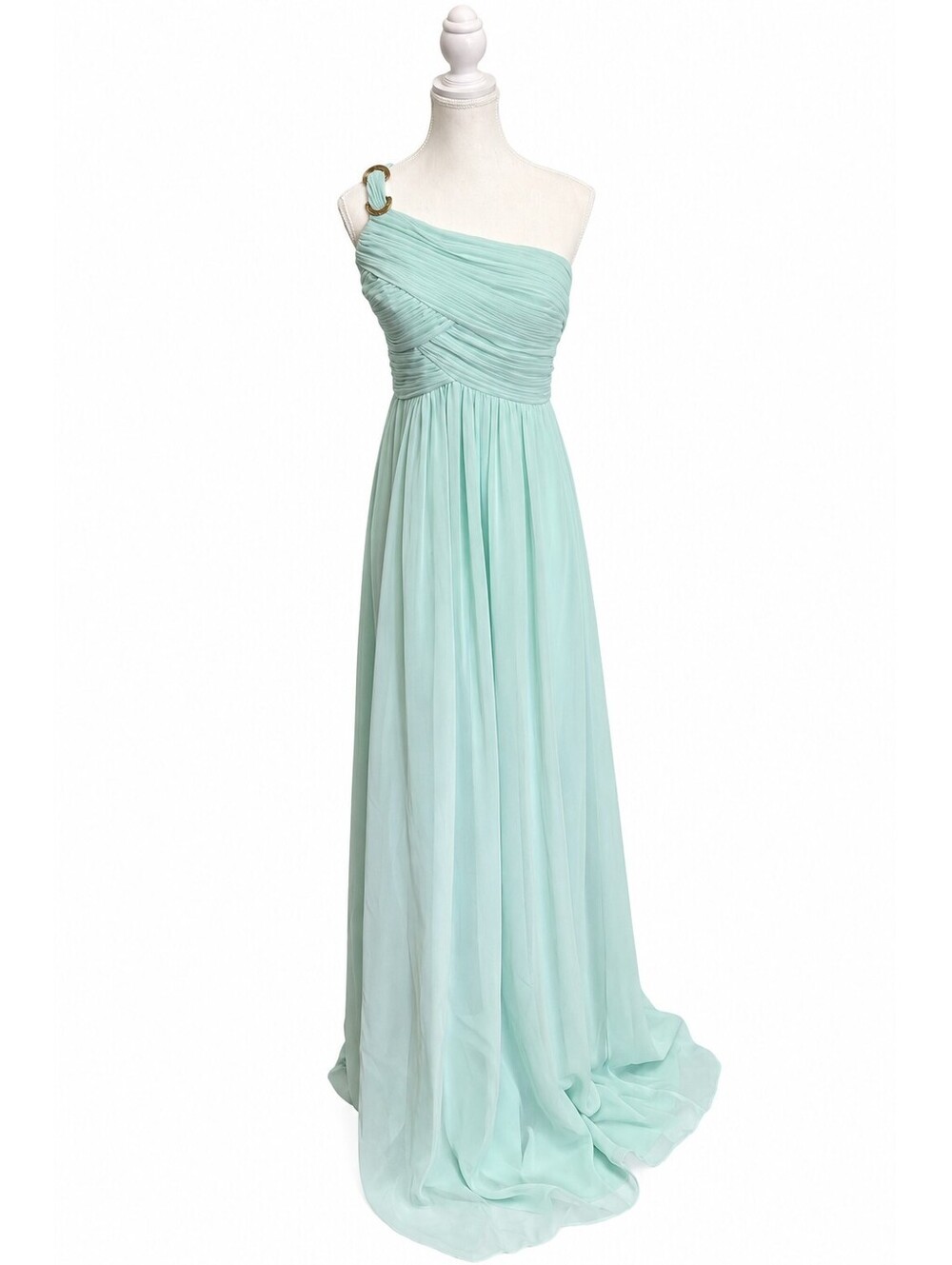 Ivanka Trump Mint One Shoulder Chiffon Formal Gown Gold Ring Size 8